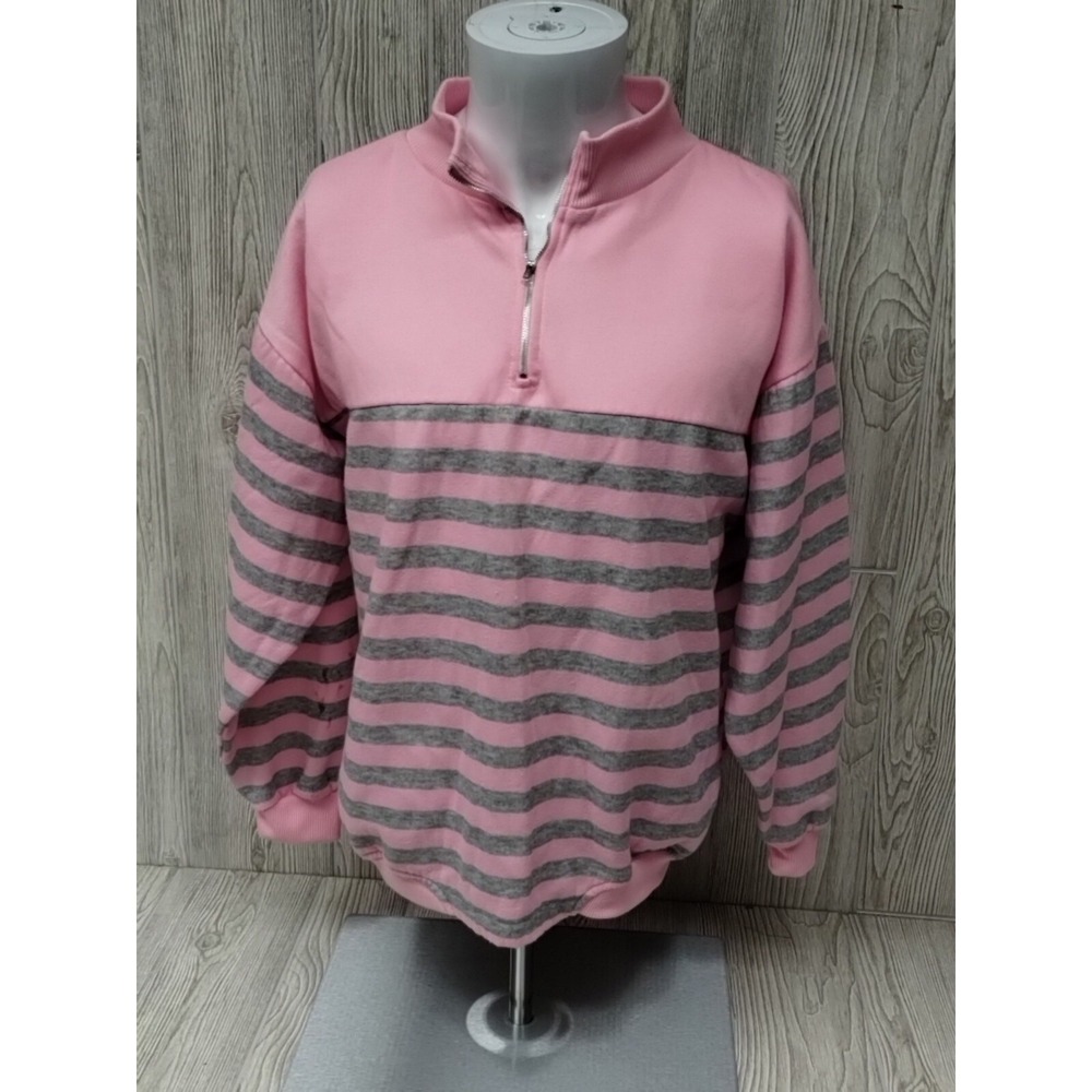 Upper Level 42 Pink Gray Stripe 1/4 Zip Long Sleeve Sweater Casual Fun XL Vtg